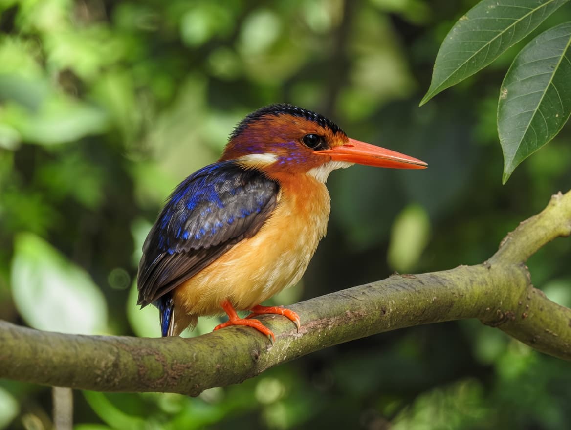 An African Pygmy Kingfisher, rufous and violet, on a branch against soft green forest light