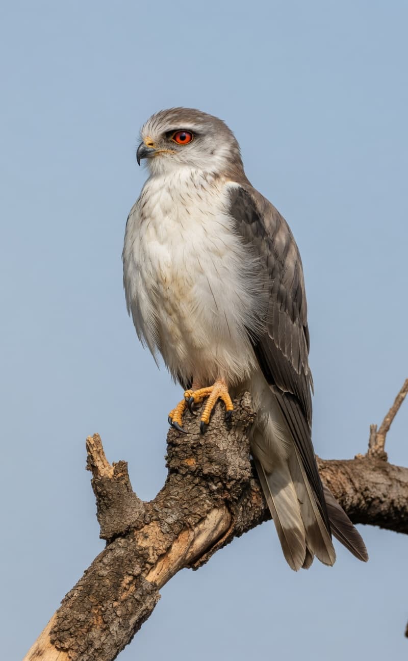 A Black-winged Kite, pale grey and white with a ruby-red eye, perched on a weathered branch