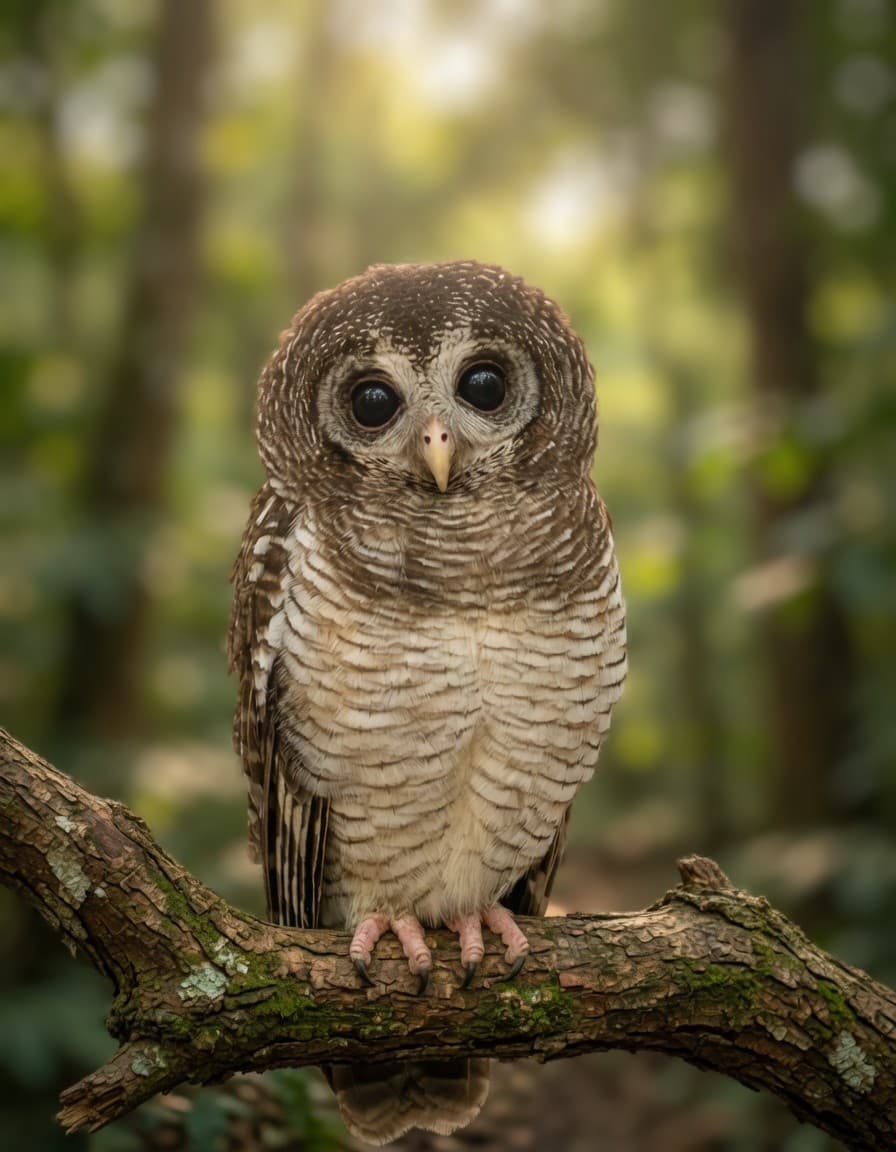 An African Wood Owl watching from a forest branch, its dark eyes wide